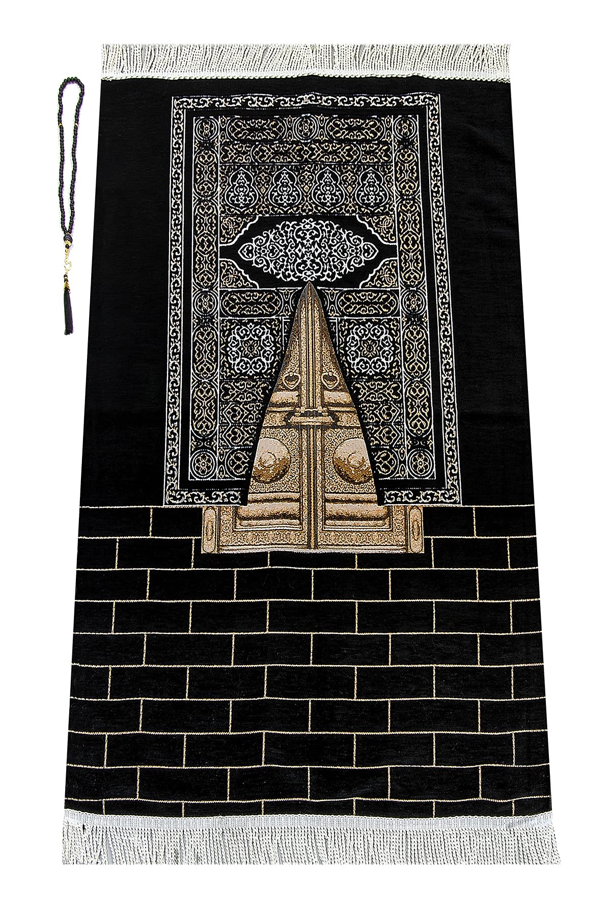 ihvan online Muslim Prayer Rug with Prayer Beads | Janamaz | Sajadah | Soft Islamic Prayer Rug | Islamic Gifts | Prayer Carpet Mat, Kaaba Door Pattern, Chenille Fabric, Black