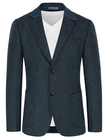 PJ PAUL JONES Mens Herringbone Blazer Vintage Tweed Wool Blend Sport Coat Jacket, Dark Blue, L