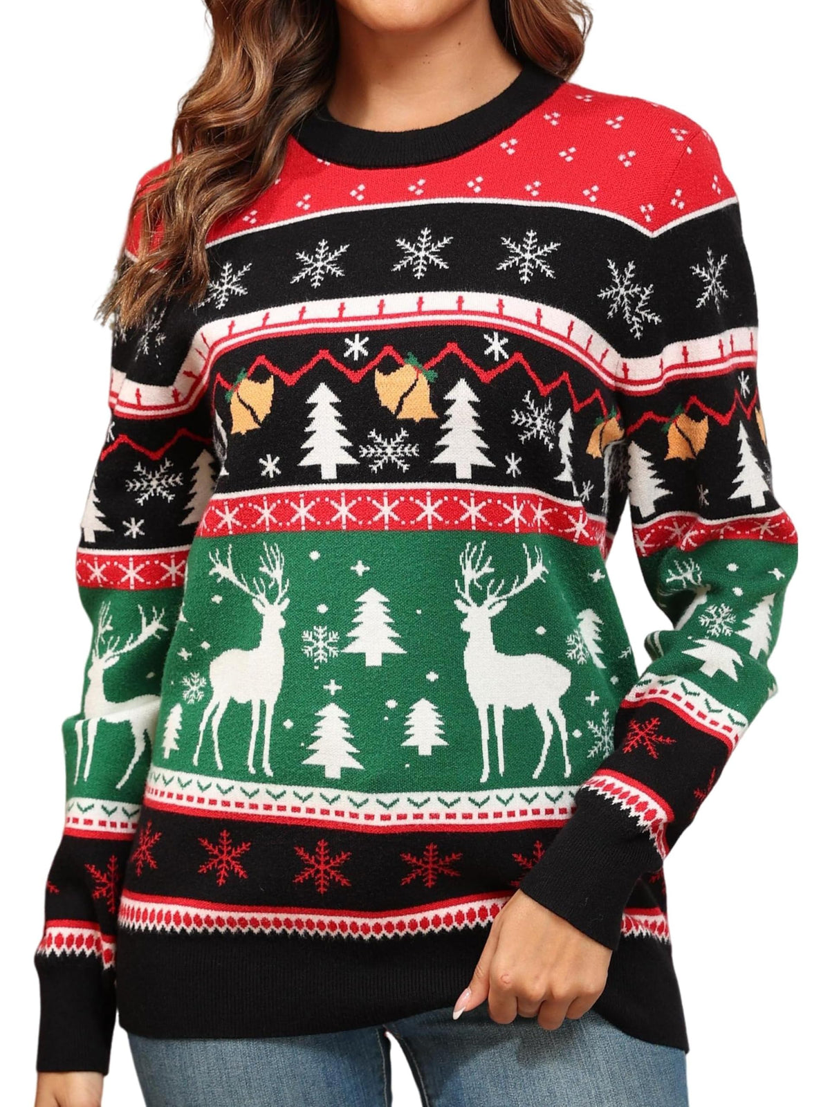 QIXING Women's Christmas Jumpers Funny Xmas Tree Reindeer Knit Long Sleeve Sweaters for Women UK Tops(Black-Green Reindeer & Xmas Tree, M)