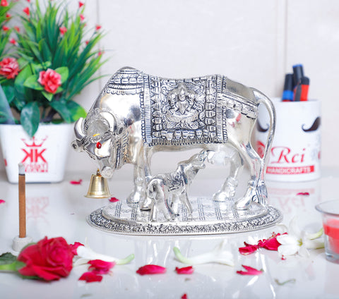 KridayKraft Kamdhenu Cow with calf Metal Statue for Good Luck,Feng Shui As Table Top Figurine,Vastu,Religious Gau Mata idol Home,Office&Table Decorative,Animal Showpiece Figurines,Gift Article...