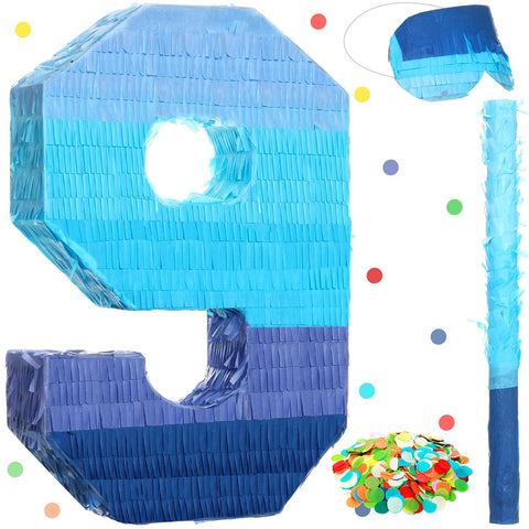 Number 1 2 3 4 5 6 7 8 9 PiÃ±ata with Stick Blindfold Confetti, Gradient Blue PiÃ±ata for Kids Birthday Party Large Blue PiÃ±ata for Boys Girls Birthday Anniversary Decoration Supplies(Number 9)