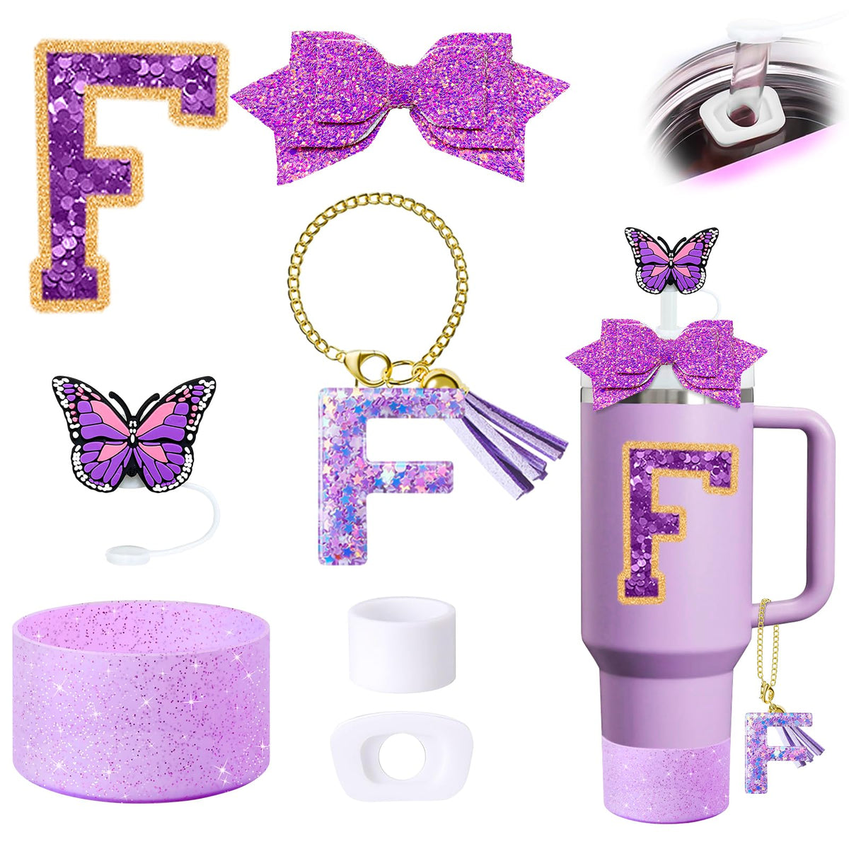 7Pcs Purple Stanley Cup Accessories Set for Stanley Cup 30&40 Oz Tumbler - Silicone Straw Cover Cap and Boot, Letter Charm for Handle, Spill Proof Stopper, Bow straw Decoration, Initial Sticker(F)