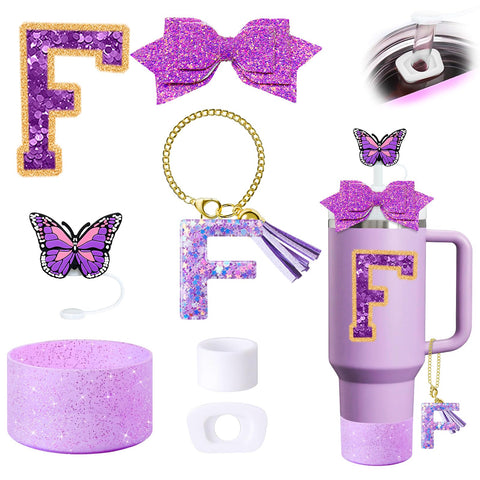 7Pcs Purple Stanley Cup Accessories Set for Stanley Cup 30&40 Oz Tumbler - Silicone Straw Cover Cap and Boot, Letter Charm for Handle, Spill Proof Stopper, Bow straw Decoration, Initial Sticker(F)