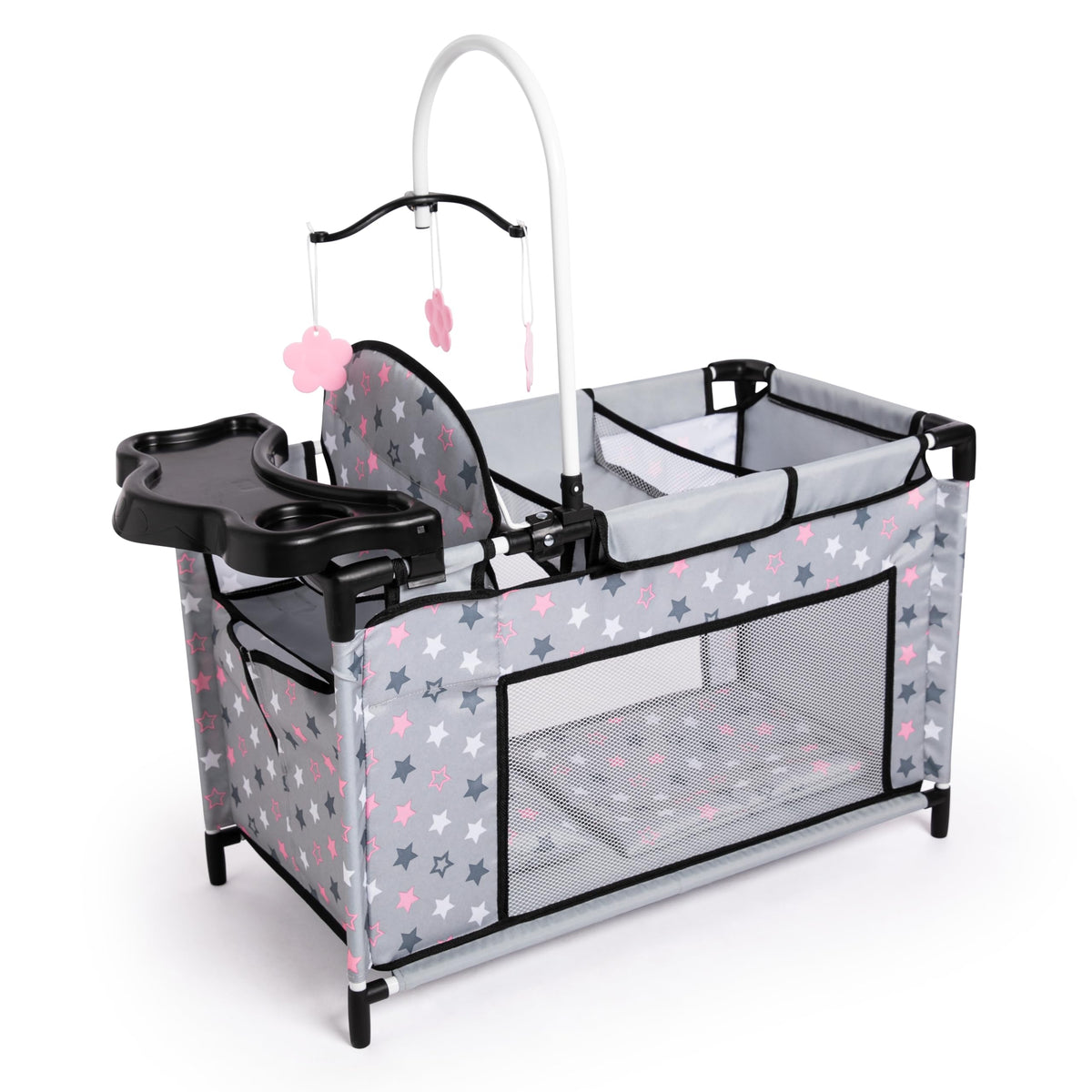 Bayer Design 62607AA Doll bed with integrated high chair, changing table, mobile, jeans-grey, pink