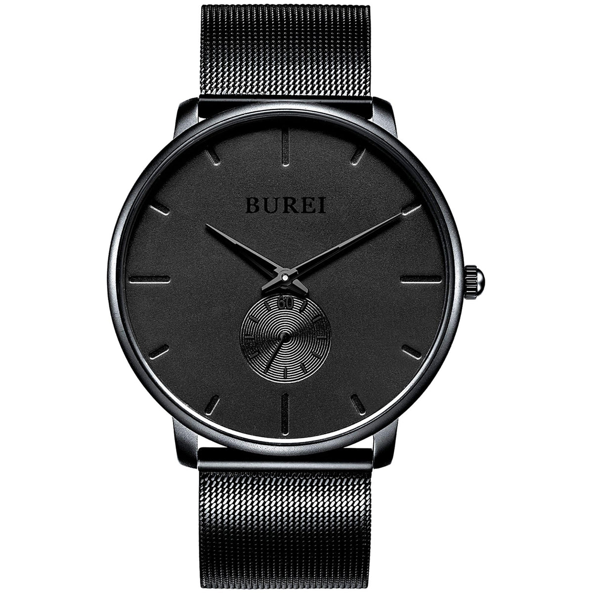 BUREI Mens Watch Ultra Thin Black Large Face Blue Pointers Analog Quartz with Black Stainless Steel Mesh Band