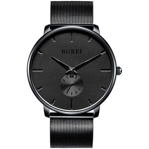 BUREI Mens Watch Ultra Thin Black Large Face Blue Pointers Analog Quartz with Black Stainless Steel Mesh Band