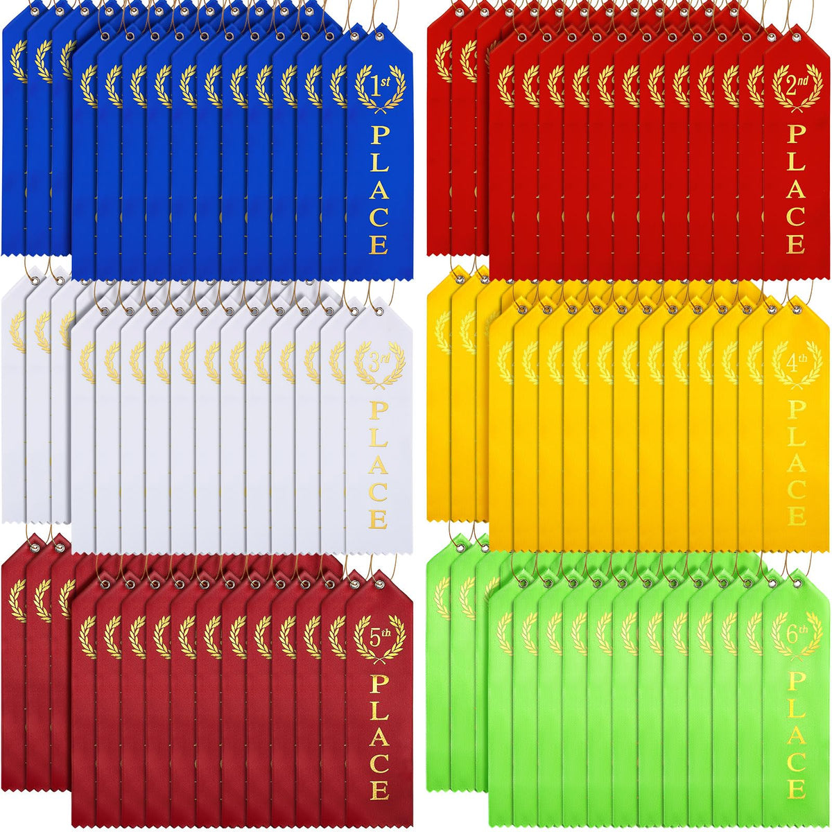 Kenning 180 Pcs Swimming Gymnastics Track Award Ribbon Award Ribbons 1st to 6th Place Flat Carded Set First Place Prizes with Card and Rope Award Ribbon Organizer Contest Award Ribbons, 6 Color
