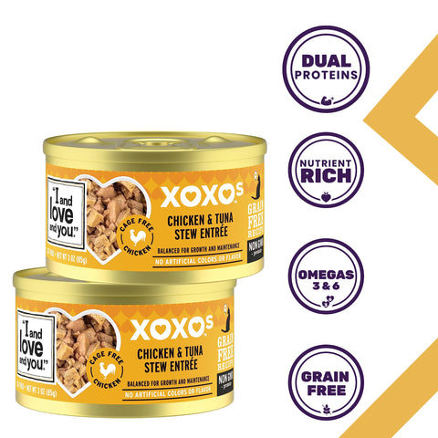 I AND LOVE AND YOU" XOXOs Canned Wet Cat Food, Chicken and Tuna Stew, Grain Free, Real Meat, No Fillers, 3 oz Cans, Pack of 24 Cans