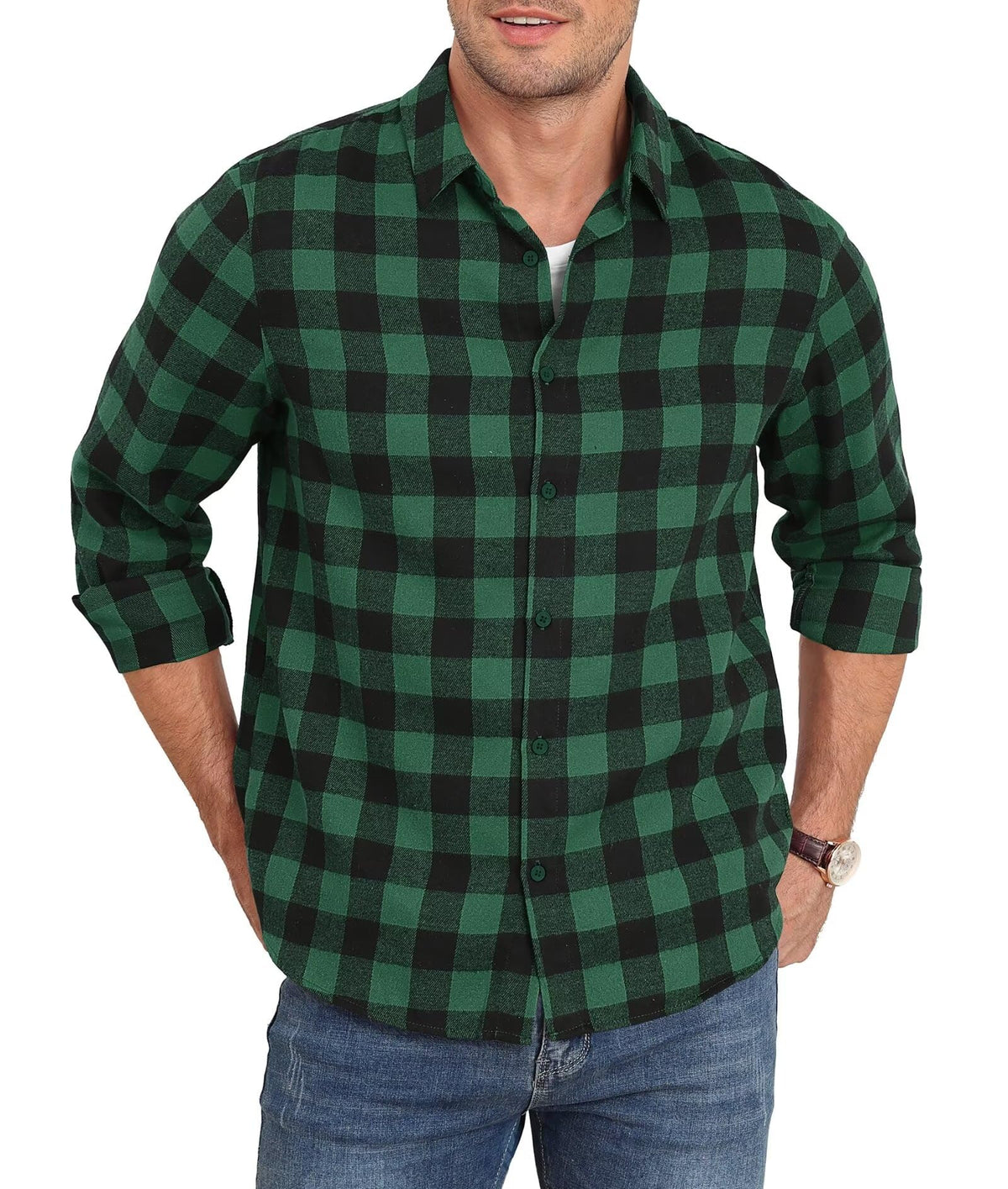 QUEZHU Men's Plaid Flannel Shirt Winter Cotton Shirts Long Sleeve Blouses Casual with Buttons Regular Fit, green, M