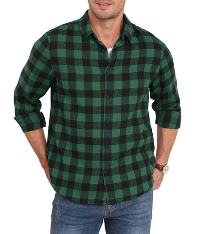 QUEZHU Men's Plaid Flannel Shirt Winter Cotton Shirts Long Sleeve Blouses Casual with Buttons Regular Fit, green, M