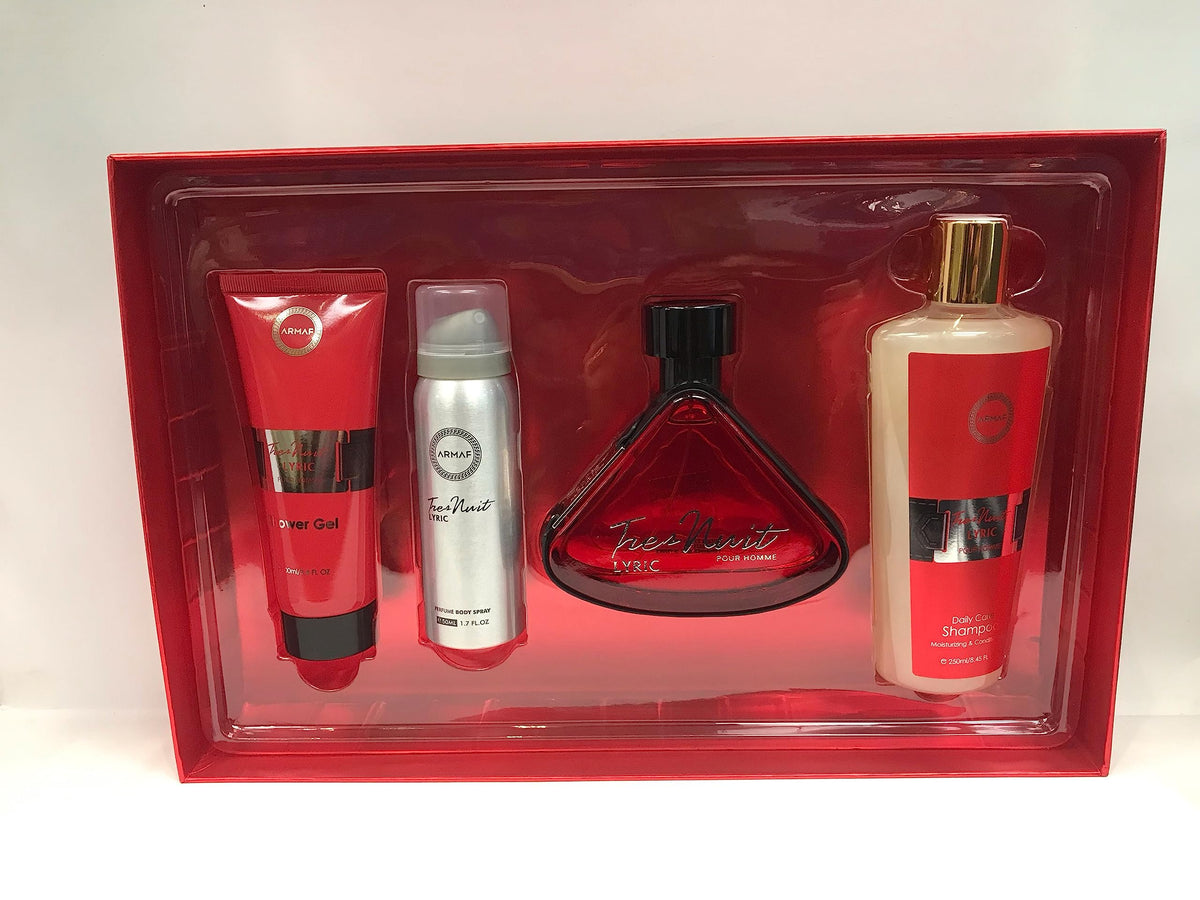 ARMAF Tres Nuit Lyric 4-Piece Set For Men, (3.4 Oz Eau De Parfum Spray+ 8.45 Oz Shampoo + 3.4 Oz Shower Gel + 1.7 Oz Body Spray)