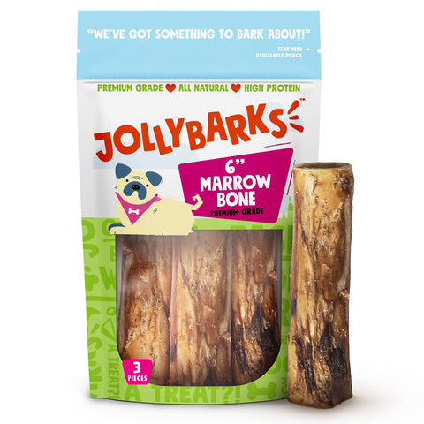 Jolly Barks Marrow Bones for Dogs 6-Inch Premium Natural Single Ingredient Odor Free Large - Grass Fed, Non-GMO Long Lasting , Dog Bones for Medium Dogs (3-Pack)