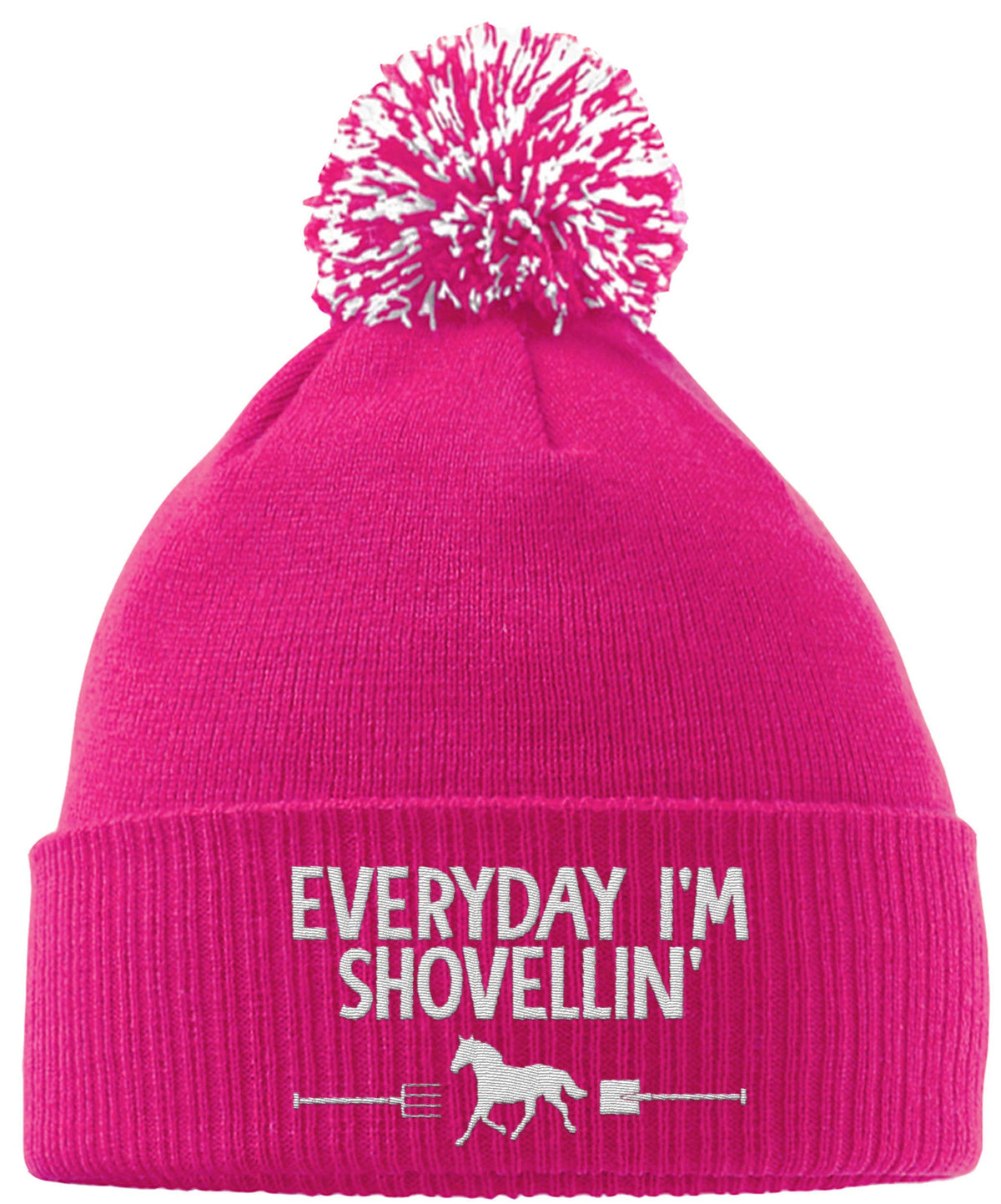 Hippowarehouse Everyday Im Shovellin Horse Riding Embroidered Beanie Hat with Bobble Fuchsia