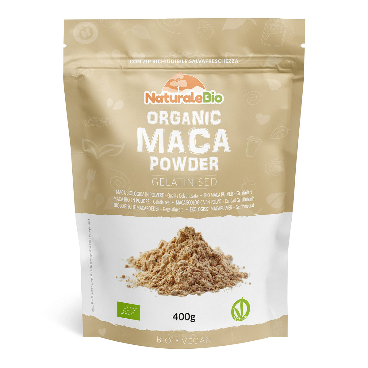Organic Maca Powder 400g. Peruvian, Natural and Pure, from Organic Maca Root. Vegetarian and Vegan Friendly - Gelatinised - NaturaleBio