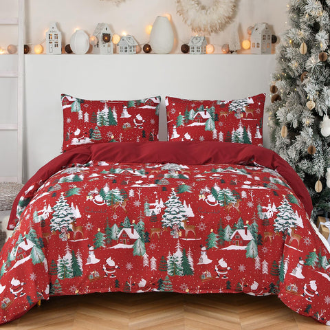 Dinjoy Christmas Red Duvet Cover Set King Size, 3 Piece Father Christmas Xmas Trees Snowman, Soft Microfiber King Duvet Cover Set for All Seasons
