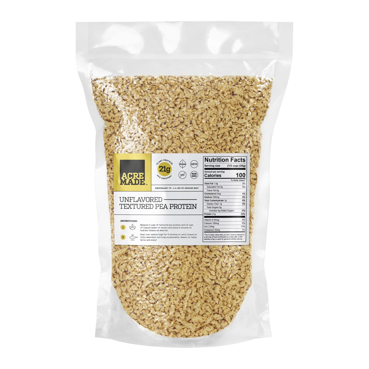 AcreMade Textured Pea Protein, Unflavored Meatless Crumbles, Soy Free, Shelf-Stable, Gluten Free, 21g of Protein, Plant-Based Vegan Meat Substitute Made from Peas, Equivalent to 1.5 Pounds Ground Beef