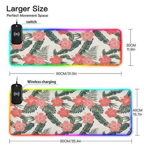 Hibiscus Flowers Wireless Charging Mouse Pad for Mobile Phone Extra Large Gaming Mousepad with 13 Lighting Modes Extended Desk Mat for MacBook PC Laptop Desk Office Home Gaming