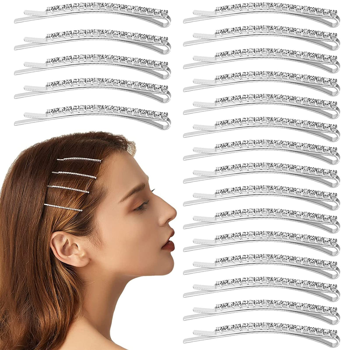 20 PCS Rhinestone Bobby Pins, VEGCOO Crystal Hair Pins Silver Metal Hair Clips Hair Slides Decorations, Hair Accessories for Women Lady Girls and Dancers (Silver)
