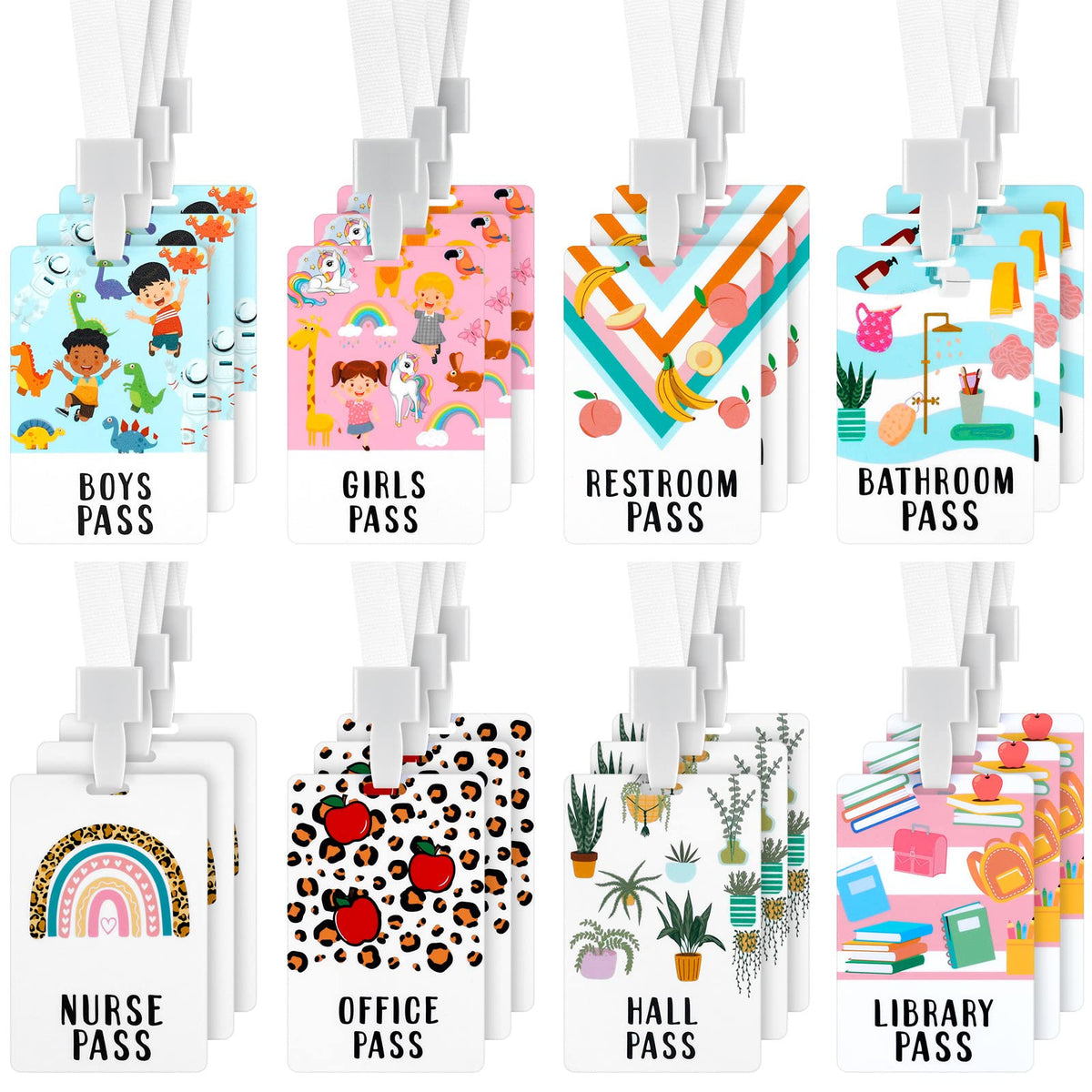 24 Sets Hall Pass Lanyards Card Passes Set Unbreakable Classroom School Passes Bathroom Pass Restroom Gift for Teachers Students Nurse Classroom Library Office Hall Pass for Students Boy Girls