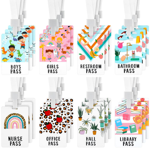 24 Sets Hall Pass Lanyards Card Passes Set Unbreakable Classroom School Passes Bathroom Pass Restroom Gift for Teachers Students Nurse Classroom Library Office Hall Pass for Students Boy Girls