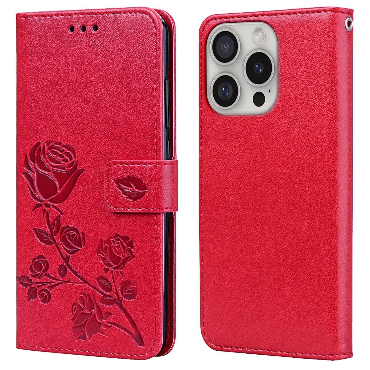 RankOne Leather Wallet Case for Smartphone, Compatible with iPhone 16 Pro Max (6.9" Inches), with Card Holder Rose Pattern Design Cover Folio Flip Case - Red