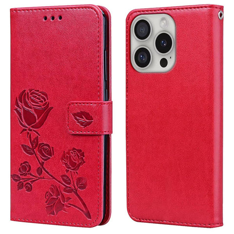 RankOne Leather Wallet Case for Smartphone, Compatible with iPhone 16 Pro Max (6.9" Inches), with Card Holder Rose Pattern Design Cover Folio Flip Case - Red