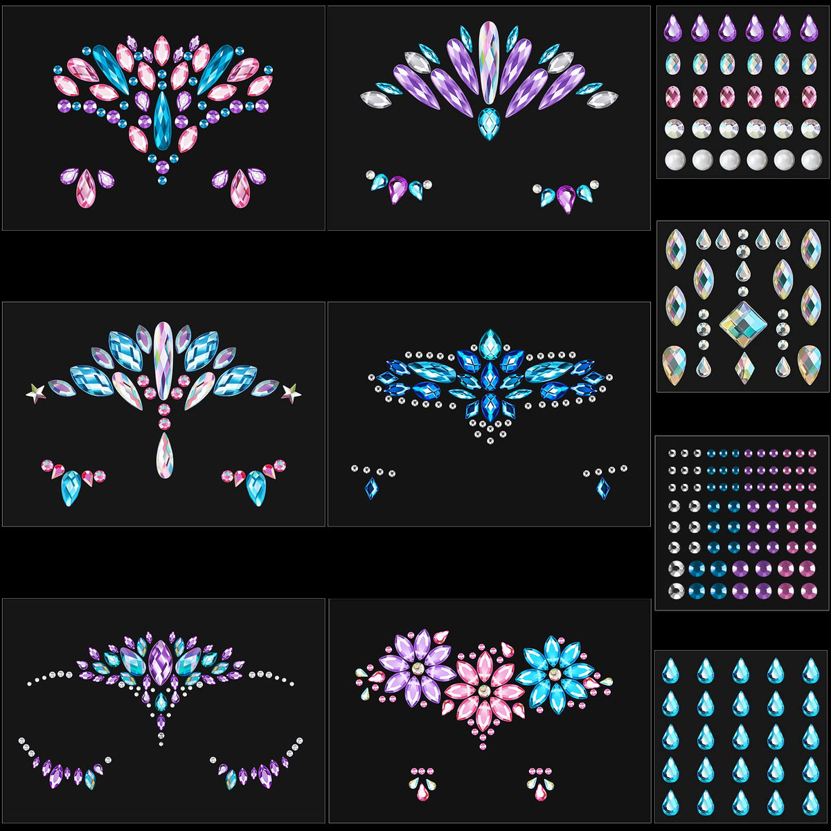 10 Sheets Face Gems Face Rhinestones Mermaid Jewels Rave Eyes Face Body Temporary Tattoos Stickers Glitter Crystal Tears Gem Stones Stickers for Festival Party (Stylish Style)