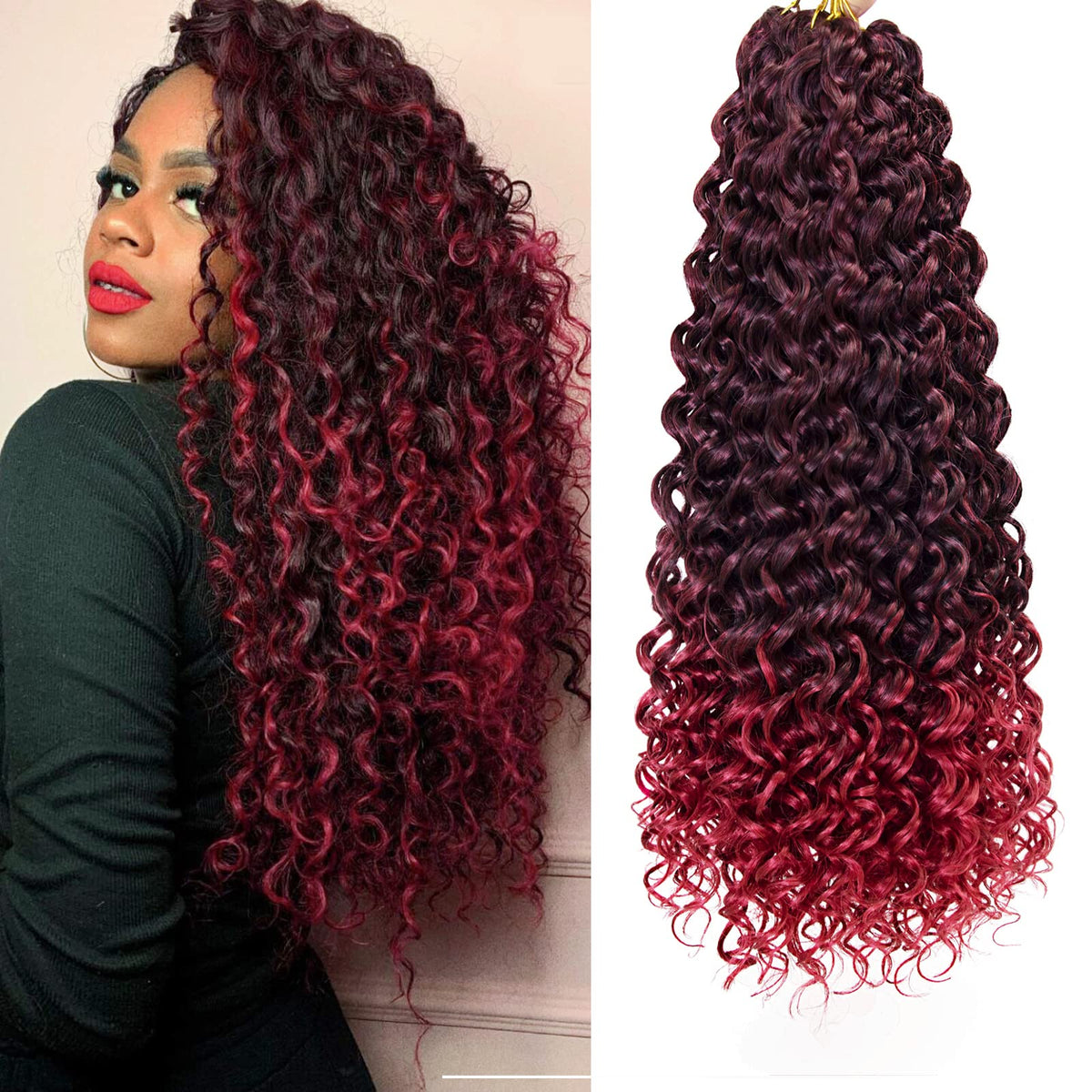 GoGo Curl Crochet hair 18inch Beach Curl Bohemian Crochet Hair Braids Ombre Red Deep Wave Braiding hair Extensions (5Packs,1B/BUG)