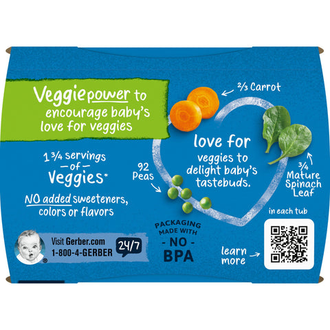 Gerber 2nd Foods Pea, Carrot & Spinach Pureed Baby Food, 4 Ounce Tubs, 2 Count (Pack of 8)