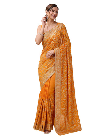 TRENDMALLS Women's Vichitra Silk Embroidery work Saree with Unstitch Blouse Piece (K1098-Yellow)