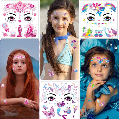 HOWAF 9 Sheets Mermaid Face Tattoos, Under The Sea Mermaid Temporary Tattoos for Girls Birthday Party Decorations, Mermaid Ocean Animal Face Painting Tattoos Stickers for Summer Party Supplies
