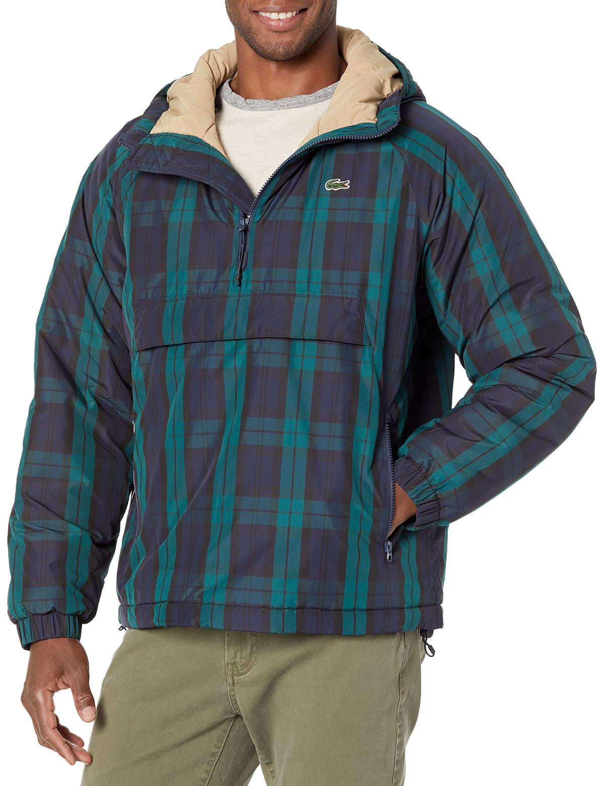 Lacoste mens 1/4 Zip Reversible Plaid Nylon Hooded Jacket, Swing/Navy Blue-black, X-Large US