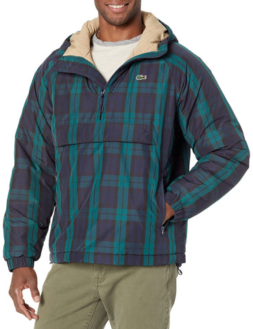 Lacoste mens 1/4 Zip Reversible Plaid Nylon Hooded Jacket, Swing/Navy Blue-black, X-Large US