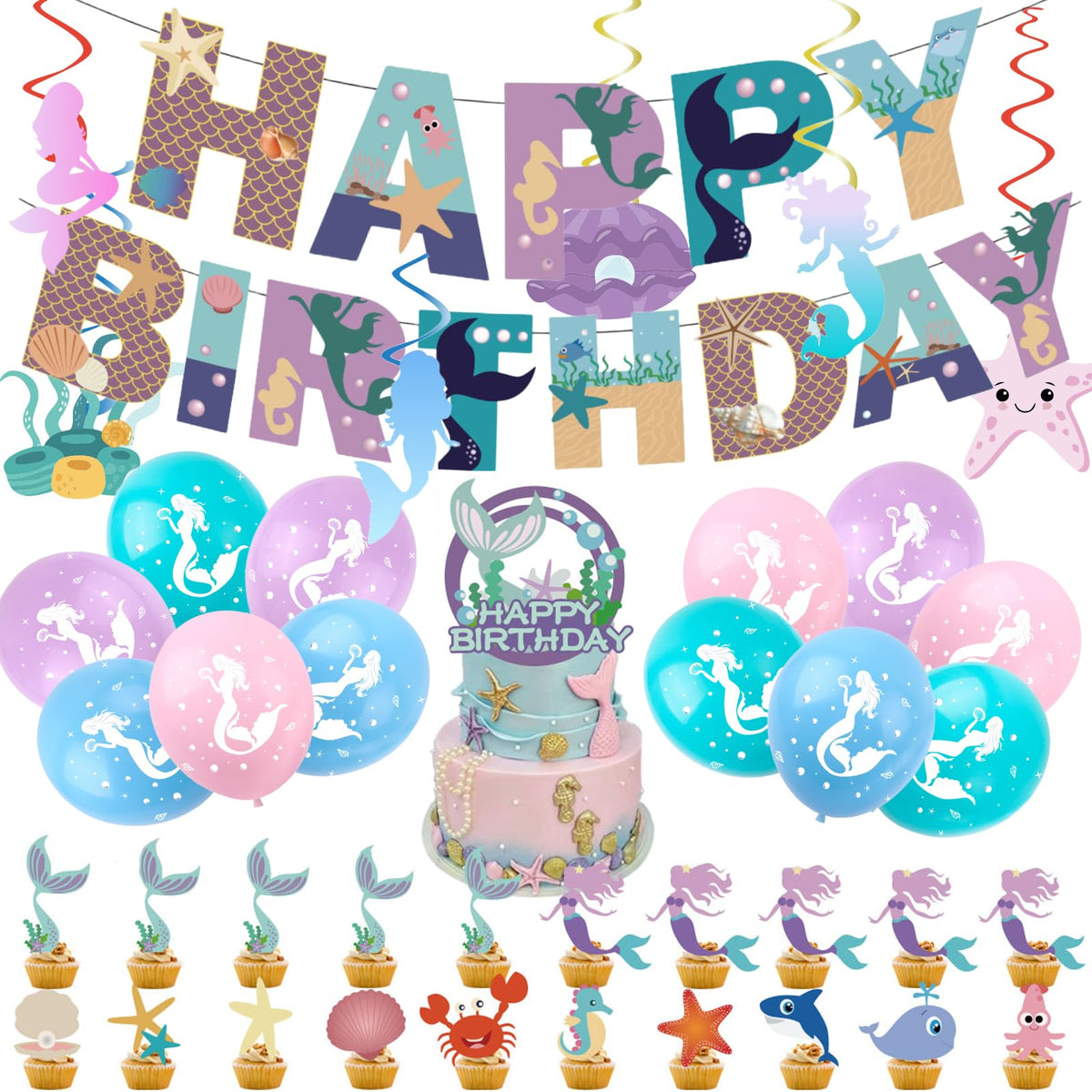 44Pcs Mermaid Birthday Party Decorations Set for Girls,Little Mermaid Party Pack Happy Birthday Banners Party Latex Balloons Cake Toppers Hanging Spiral for Under the Sea Mermaid Themed Party Supplies