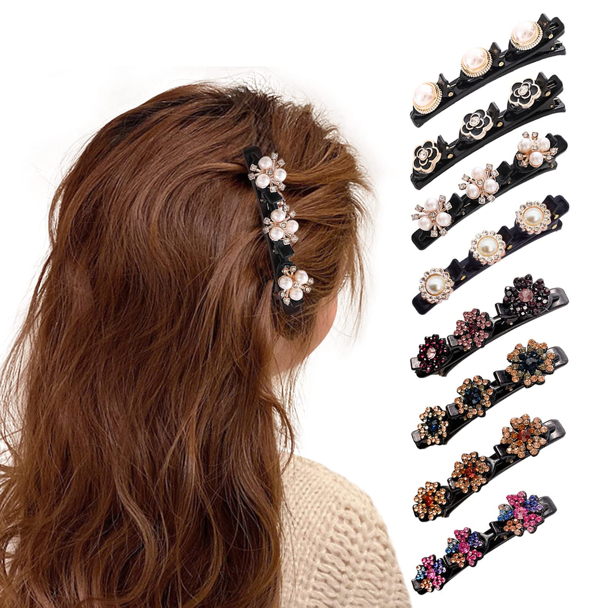 Braided Hair Clips, 8Pcs XIACIBDUS Three Flower Side Hair Clips, Sparkling Crystal Stone Double Layer Hair Clips, Hair Clips Women, Multi Clip Hair Barrette Double Layer Hair Clips for Women Girls