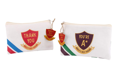 CGB Giftware | Set of 2 Canvas Pencil Case | Shield Design | Thank You Worlds Best Teacher Gift | End of Term Gift | Youre A* | DES616