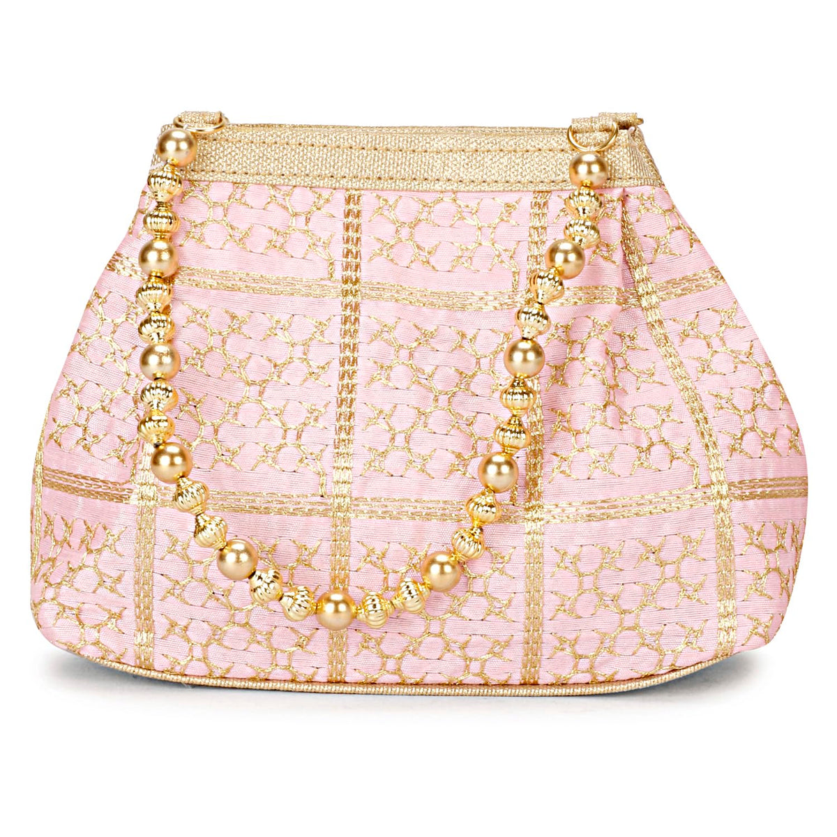 LONGING TO BUY Potli Bags for Women Embroidered Evening Purses with Gold Pearl Handle, Indian Women Potli Bags for Wedding (Baby Pink-001)