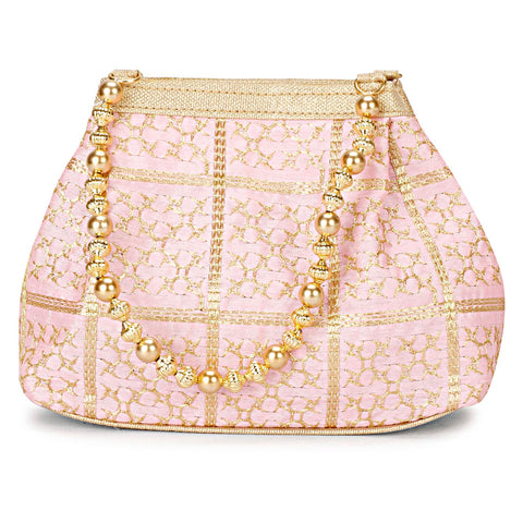LONGING TO BUY Potli Bags for Women Embroidered Evening Purses with Gold Pearl Handle, Indian Women Potli Bags for Wedding (Baby Pink-001)