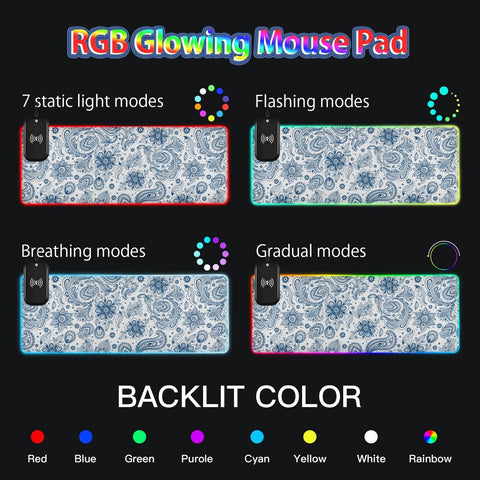 Boho Paisley Flower Wireless Charging Mouse Pad for Mobile Phone Extra Large Gaming Mousepad with 13 Lighting Modes Extended Desk Mat for MacBook PC Laptop Desk Office Home Gaming