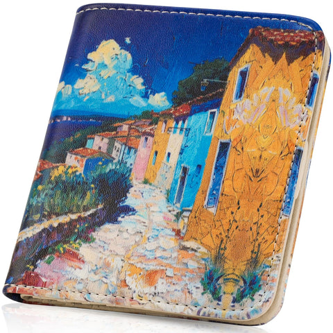 APHISON Purses for Women Small Wallet with Zipper RFID Blocking Slim Vegan Leather Wallet Bifold Card Holder Coin Pocket Ladies Purse with ID Window Seaside Town