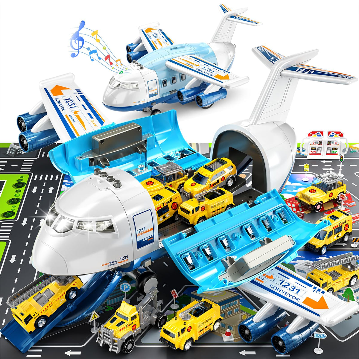 TEMI Storage Transport Plane with 6 Free Wheel Diecast Construction Vehicles and Playmat, Kids Toy Jet Aircraft with Mist Spay, Light & Sounds, Gift for 3 4 5 6 Years Old Children, Boys & Girls