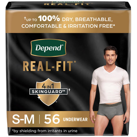 Depend Real Fit Incontinence Underwear for Men, Disposable, Maximum Absorbency, Small/Medium, Grey, 56 Count (2 Packs of 28), Packaging May Vary