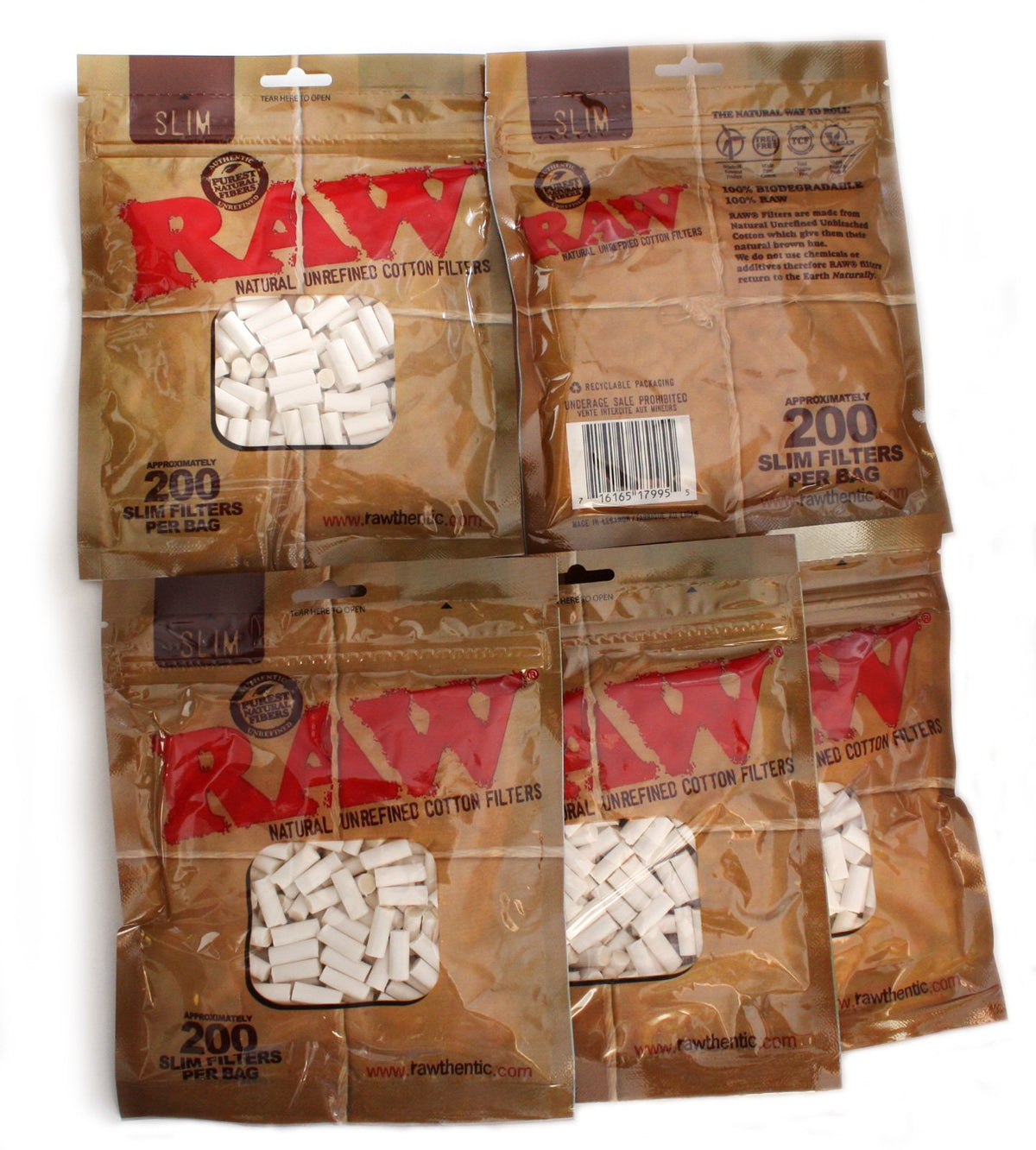 RAW Slim Cigarette Filter Tips Bundle - All Natural, 200 Count (Pack of 5)