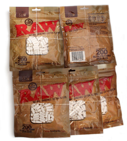RAW Slim Cigarette Filter Tips Bundle - All Natural, 200 Count (Pack of 5)
