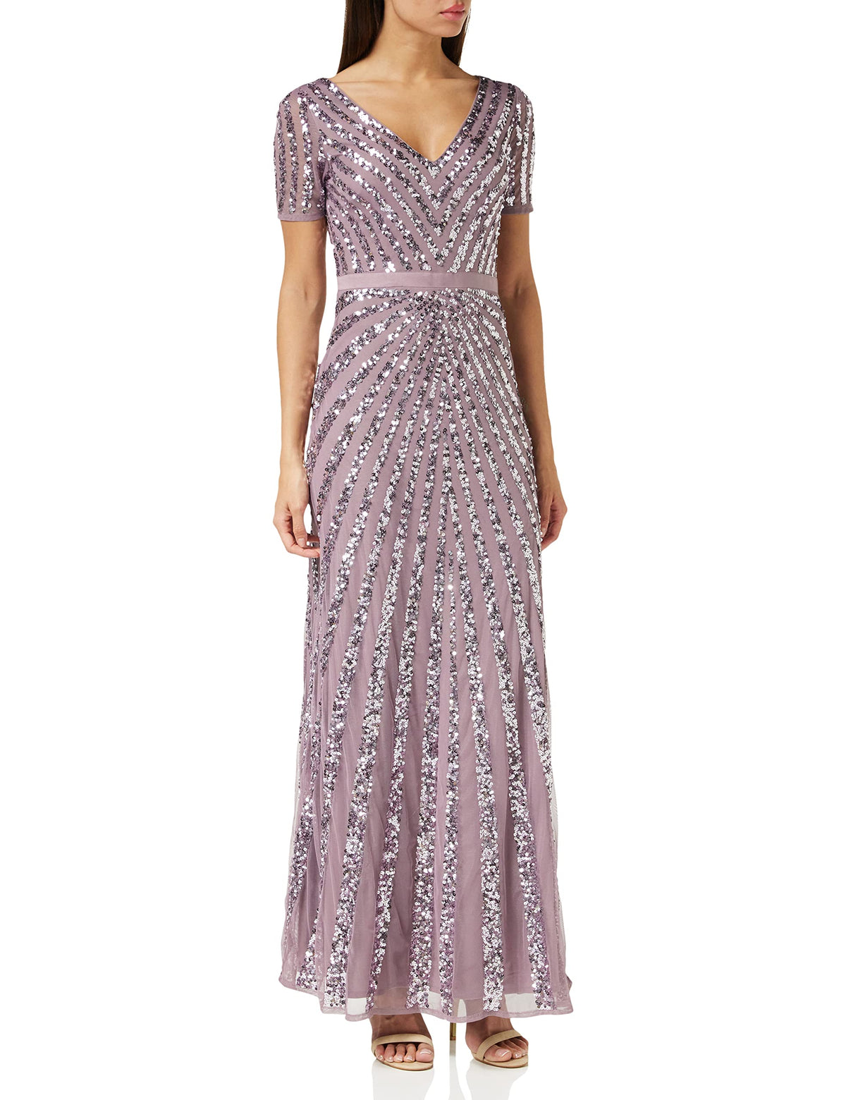 Maya Deluxe Women's Maxi Ladies Embellished Sequin Dress Long Short Sleeve V Neck High Empire Waist A Cut Shiny Prom Wedding Bridesmaid, Moody Lilac, 20