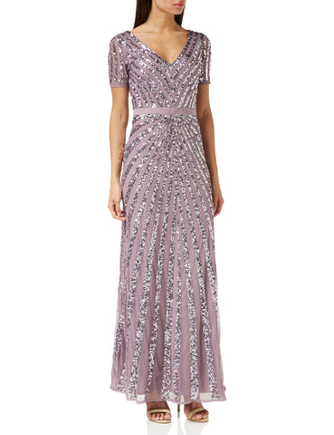 Maya Deluxe Women's Maxi Ladies Embellished Sequin Dress Long Short Sleeve V Neck High Empire Waist A Cut Shiny Prom Wedding Bridesmaid, Moody Lilac, 20