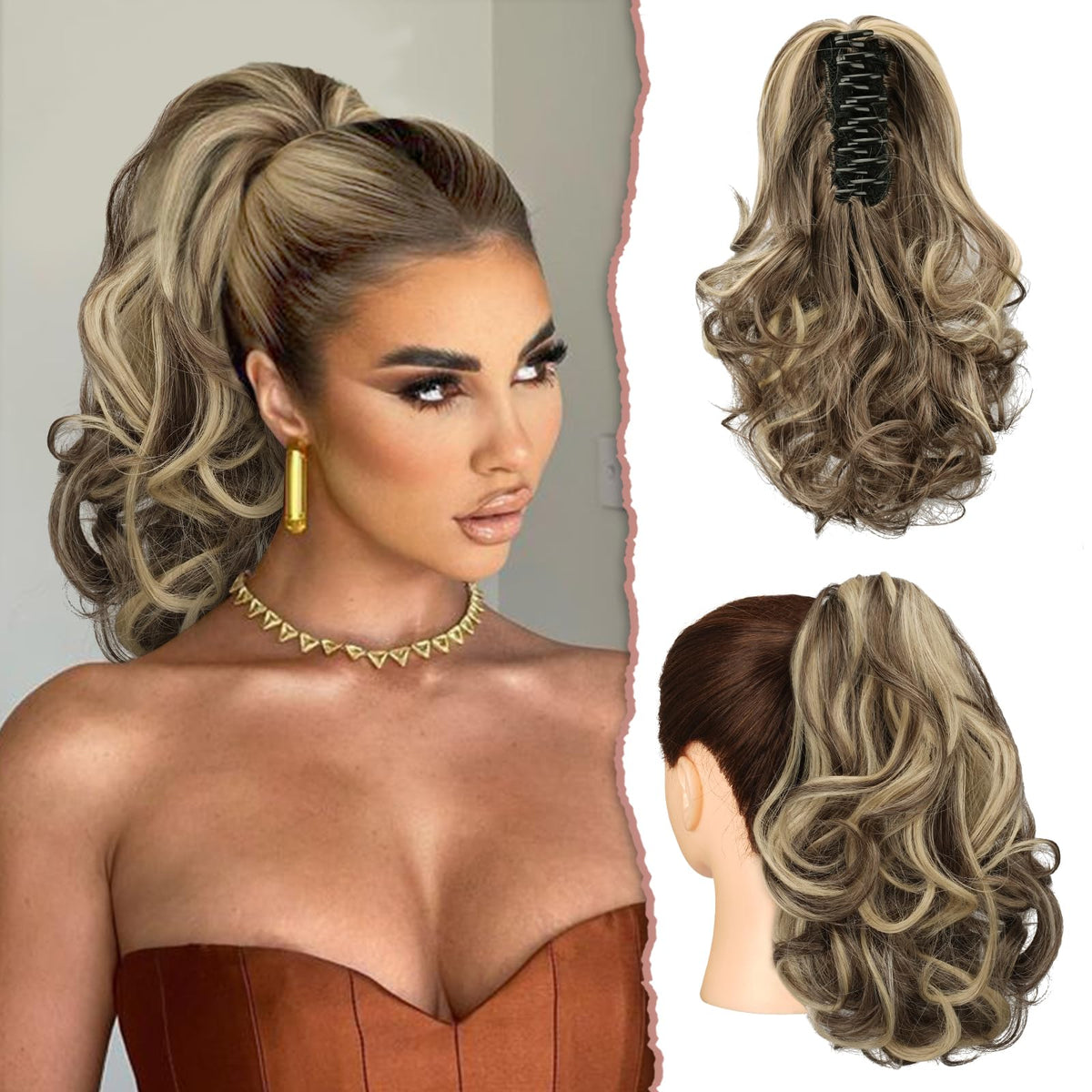 SOFEIYAN Ponytail Extension 11 inch Claw Clip Ponytail Hair Extensions Long Curly Wavy Ponytail Fluffy Clip on Pony Tails Synthetic Hairpiece for Women?Ash Brown Highlighted Bleach Blonde
