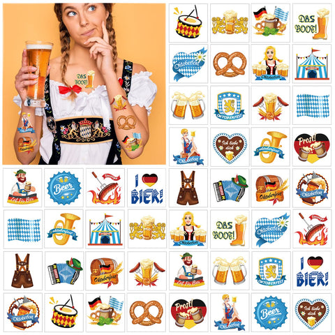 HOWAF Oktoberfest Temporary Tattoos, 72 pieces Oktoberfest Fake Tattoos for Kids, Waterproof Tattoos Stickers for Beer Festival Supplies, Bavaria Flag Themed Body Tattoos for Octoberfest Party Favors