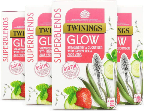 Twinings Superblends Glow Tea - Strawberry & Cucumber Green Tea with Aloe Vera & Biotin for Skincare & Hair Care, 80 x Biodegradable Tea Bags