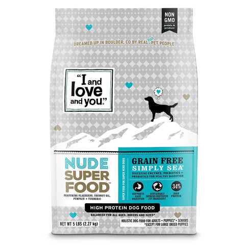 "I and love and you" Nude Superfood Dry Dog Food - Grain Free Kibble, Prebiotics & Probiotics, Whitefish + Salmon, 5-Pound